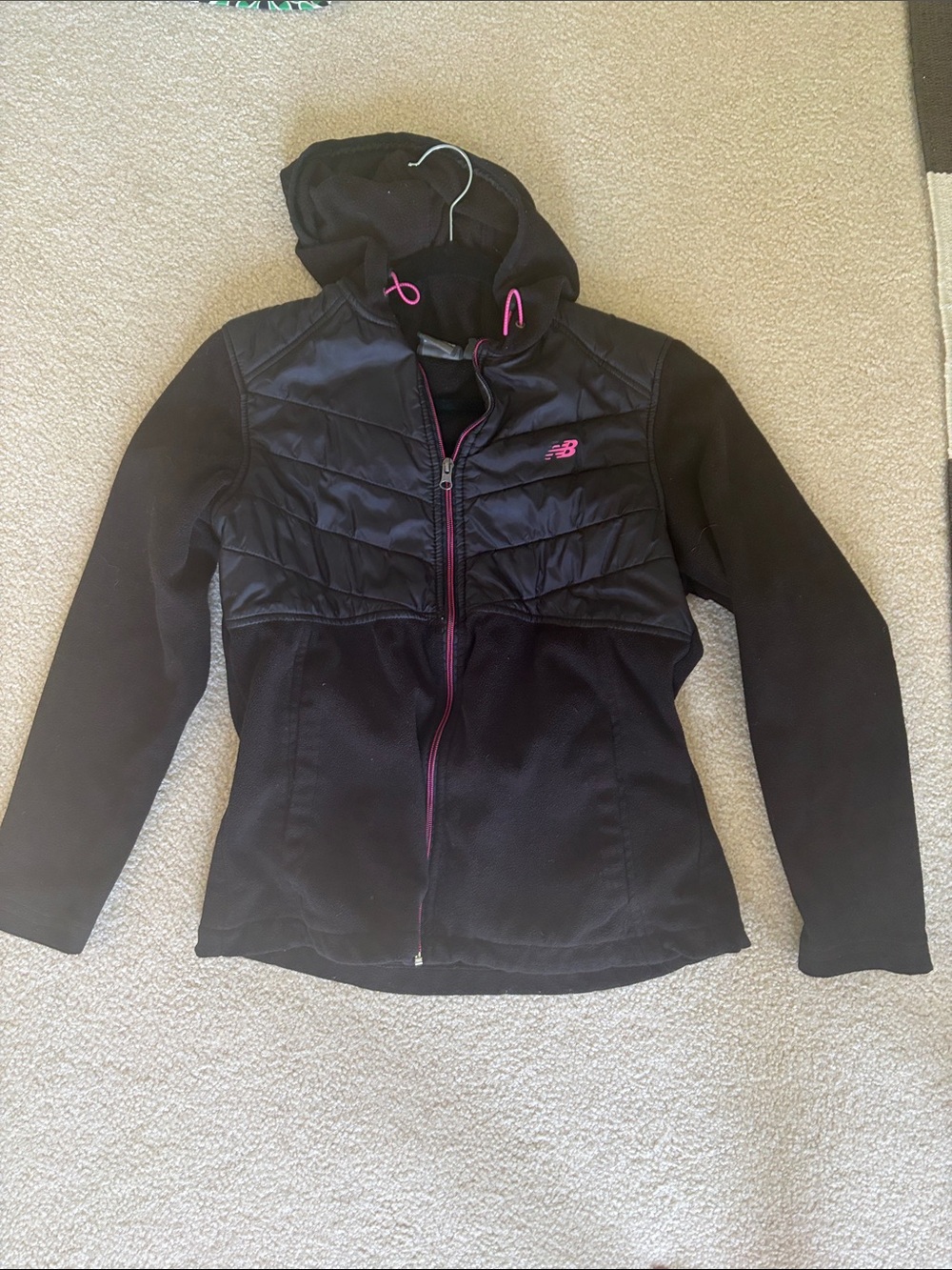New Balance Black Hooded Quilted Performance Jacket with Pink Trim